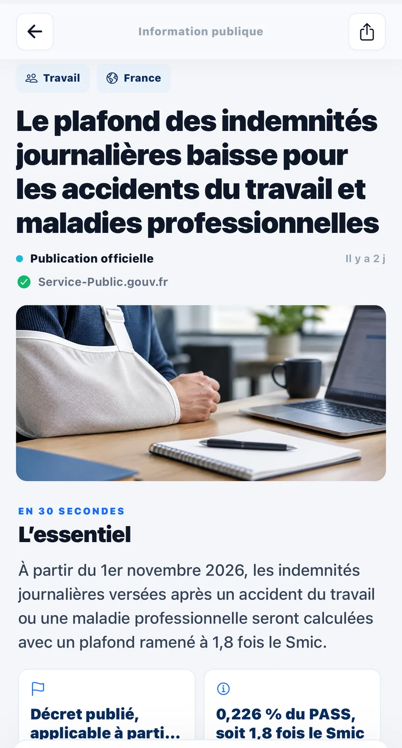 Une analyse dans Poliact avec le titre d'une publication officielle et une section L'essentiel